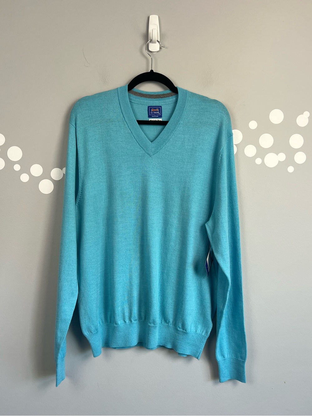 NWT Le Tigre Washable Merino Wool V-Neck Sweater Aqua Blue Size L